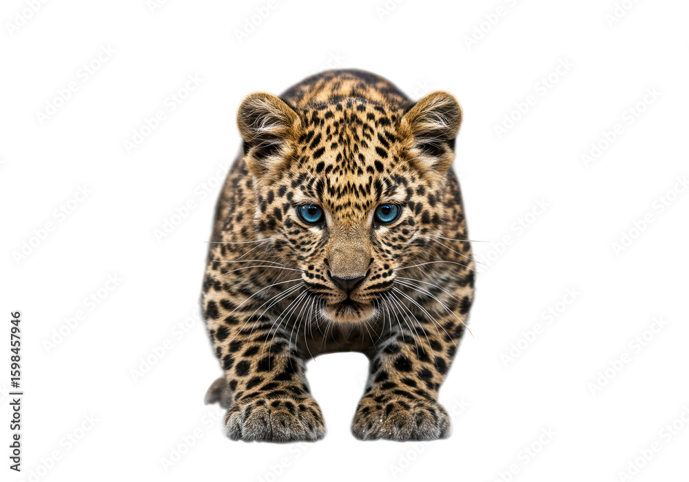 Obraz premium Intense blue eyed leopard cub crouching forward with spotted fur isolated on transparent background