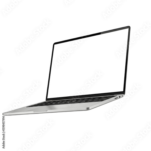 Sleek silver laptop computer mockup with blank white screen for product placement, showcasing website design or software application