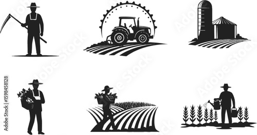 Vector art of silhouetted farmer tending to crops and harvesting on the farm, isolated on white background