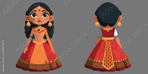 Two women in red traditional dresses pose in a fashion illustration with artistic flair
