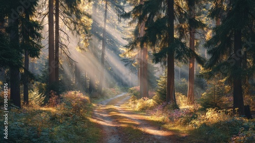 Sunlight gently streams through tall trees illuminating a tranquil path in a dense forest. This serene setting captures the beauty of nature at dawn