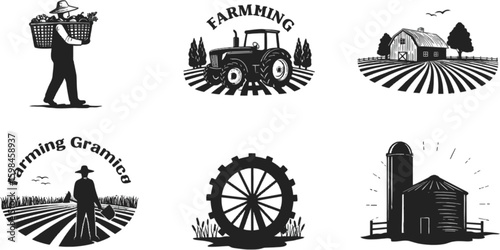 Vector art of silhouetted farmer working the land with tractor and harvesting crops on the farm, isolated on white background
