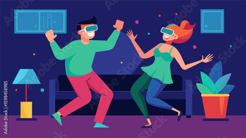 A couple enjoys a date night at home sweating and laughing as they compete against each other in a virtual reality dance competition.. Vector illustration