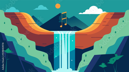 A lyrical ballad that celebrates the rhythmic flow of a majestic waterfall cascading down a rocky cliff.. Vector illustration