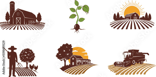 Vector art of a set of vector illustrations depicting farm scenes with barns, farmers, and harvesting equipment