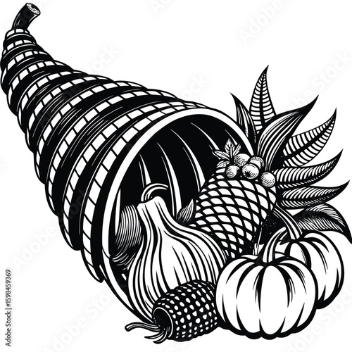 Harvest abundance cornucopia overflowing with fruits and vegetables