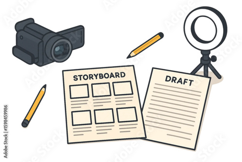 Flat Vector Illustration of Content Creator’s Desk with Video Camera, Storyboard & Article Draft on White Background