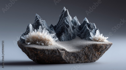 Foto Miniature earth chunk featuring jagged snowy peaks topped with natural quartz cr