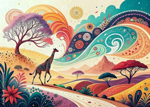 Giraffe Colorful Landscape Vibrant Nature Abstract Art Journey
