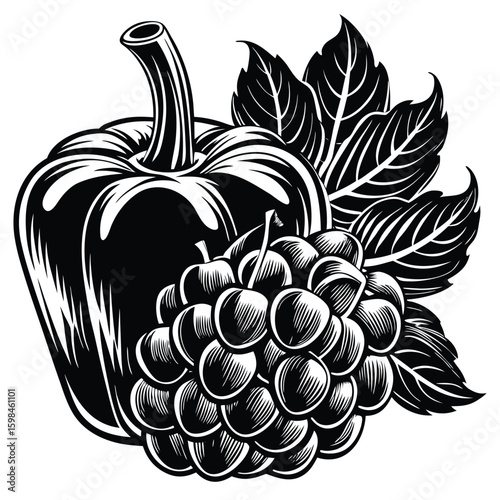 Bell pepper and grapes cluster leaves black and white