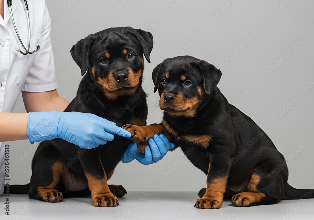 Obraz premium Rottweiler Pup Being Gently Examined Paw by Vet