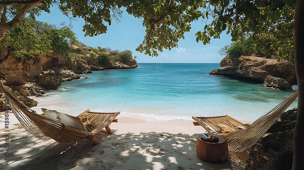 Obraz premium Serene Secluded Beach Hammock Paradise Tropical Getaway Relaxation