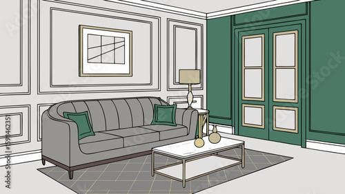 Modern living room interior design with gray sofa green walls and stylish decor elements illustration