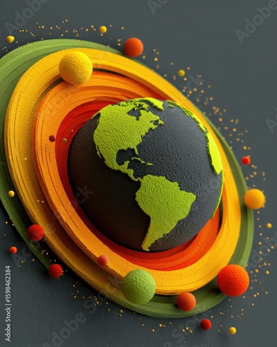 Earth with Orbits: A striking artistic representation of the Earth, surrounded by concentric colorful rings and spheres, symbolizing the interconnectedness of the planet.