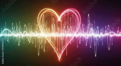 Vibrant neon heartbeat with colorful ecg wave on dark background