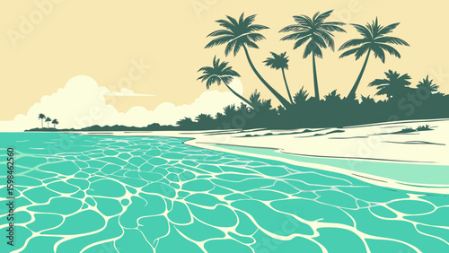 Tropical beach paradise with palm trees and turquoise ocean water vacation destination getaway scene