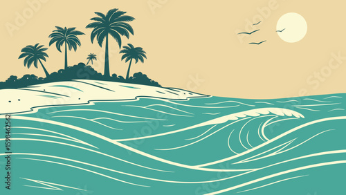 Tropical beach with palm trees and ocean waves vector illustration for summer vacation concept