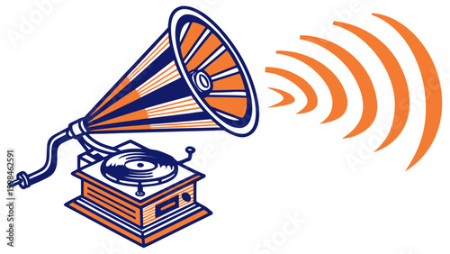 Vintage gramophone record player with sound waves vector illustration for music and audio enthusiasts design