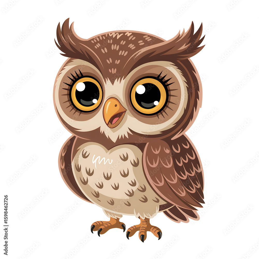 Obraz premium Cute cartoon owl with large expressive eyes and brown feathers isolated on a transparent background bird 1