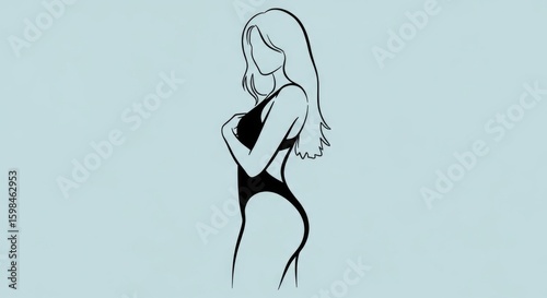 Female silhouette in swimsuit on minimalist light blue background