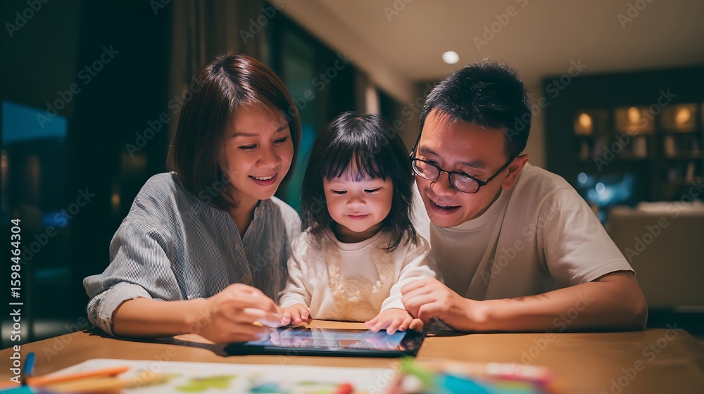 Fototapeta premium Parents and toddler using a tablet together on a dining table, colorful activity planner on screen, bonding moment, creativity and digital parenting