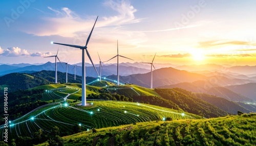 Digital graphic work on green energy power production.Renewable energy design.Windmill and graphic diagram of air currents that produce green energy. Green energy power production it is future.