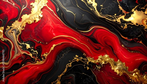 Abstract Liquid Marble Design with Gold and Red