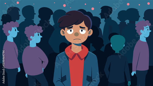 A handdrawn comic strip depicting a person standing alone in a crowded party feeling isolated and out of place.. Vector illustration