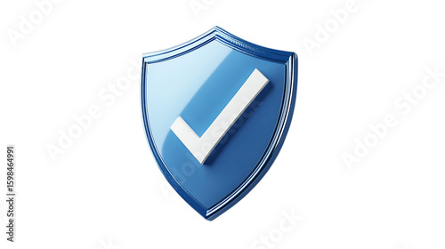 Blue shield with white check mark in 3d style isolated on white background for security and protection concept
