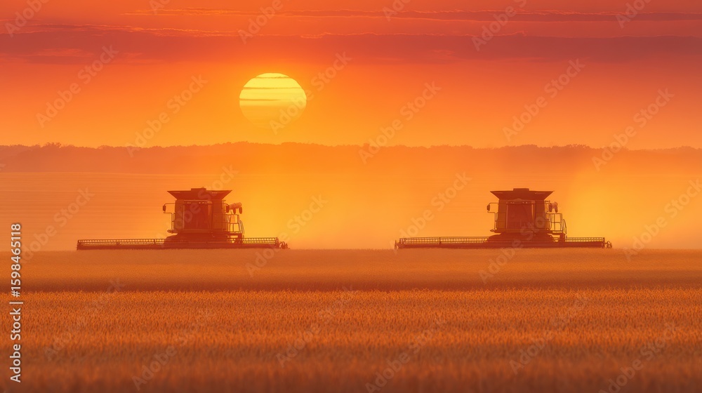 Fototapeta premium Two combines are harvesting in vast fields as a stunning sunset paints the sky in vibrant orange and gold hues. Dust rises in the glow of the evening light