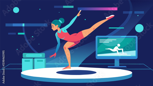 A gymnast demonstrating flips and twists in a digital arena providing personalized feedback and coaching in a virtual sports clinic.. Vector illustration
