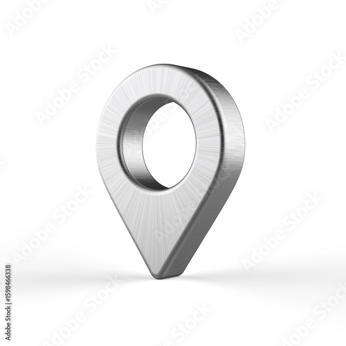 Brushed metal location pin on white background. 3D illustration