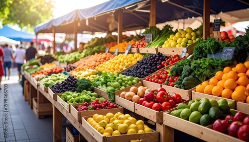 Vibrant Farmers Market Display Showcasing Colorful Fruits and Vegetables under Blue Canopy in Sunlight