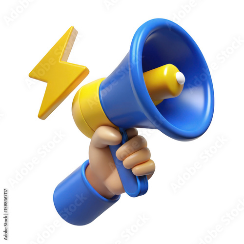 3d megaphone and lightning bolt isolated on transparent background