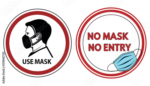 Two oval signs with red borders one showing a person wearing a mask and the text use mask the other with no mask no entry and a mask isolated on white background