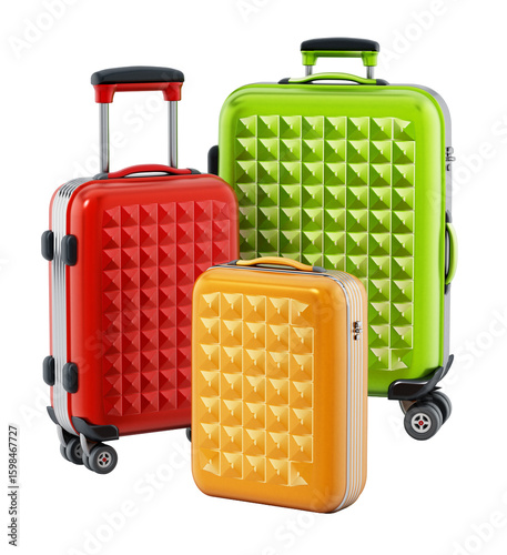 Colorful hardcase suitcases on transparent background. 3D illustration