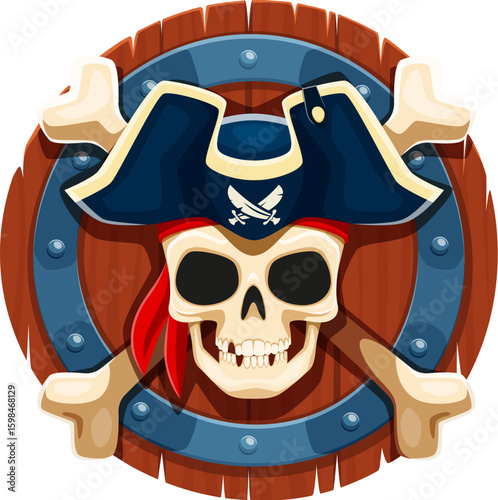 Cartoon pirate captain skull with crossed bones on wooden shield. Angry pirate corsair skeleton skull with horror smile and crossbones wearing black tricorn hat and red bandana. Heraldic piracy symbol