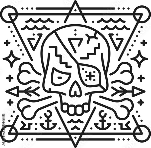 Pirate skull with eye patch esoteric line symbol. Filibuster marine esoteric lineart vector sign, pirate magic thin line tattoo. Corsair sailing tarot symbol or print with human skull, crossed bones