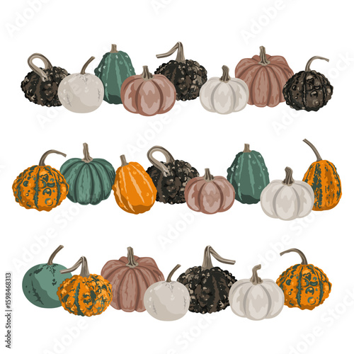 Set of pumpkins border garlands. Composition isolated on white. Cozy small gourds autumn decoration. Vector squash set illustration.