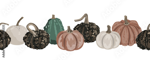 Pumpkins border garland composition isolated on white. Cozy small gourds autumn decoration. Vector squash set illustration
