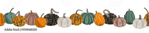 Pumpkins border garland composition isolated on white. Cozy small gourds autumn decoration. Vector squash set illustration