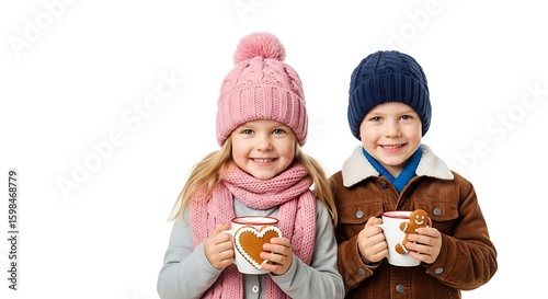 Two smiling children in winter attire holding mugs, looking at the viewer.