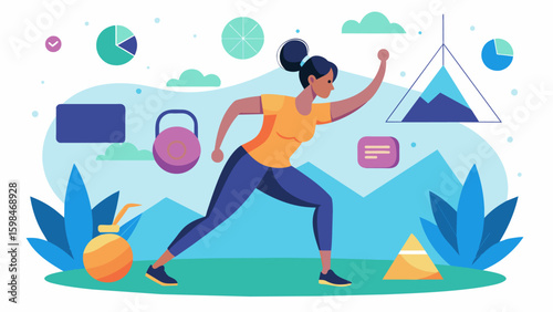 Against a backdrop of digitallycreated nature scenes a woman completes a virtual kettlebell routine incorporating swings lifts and Russian twists.. Vector illustration