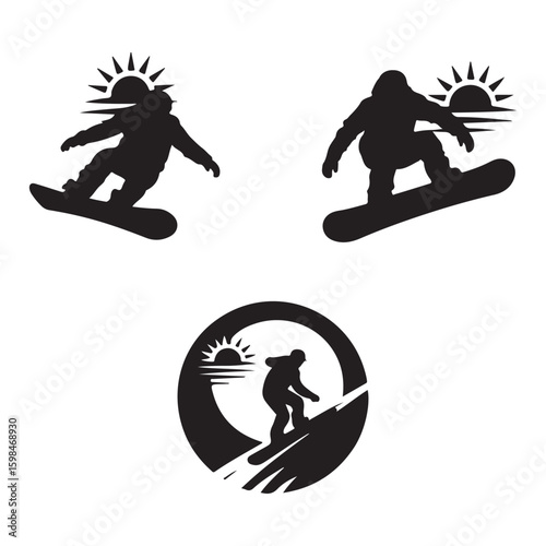 Three snowboarder silhouettes with sun elements in various positions on a white background image