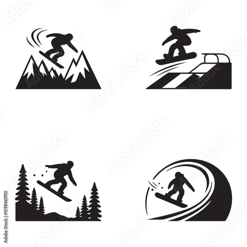 Four black and white snowboarder silhouette icons performing tricks in different environments and settings