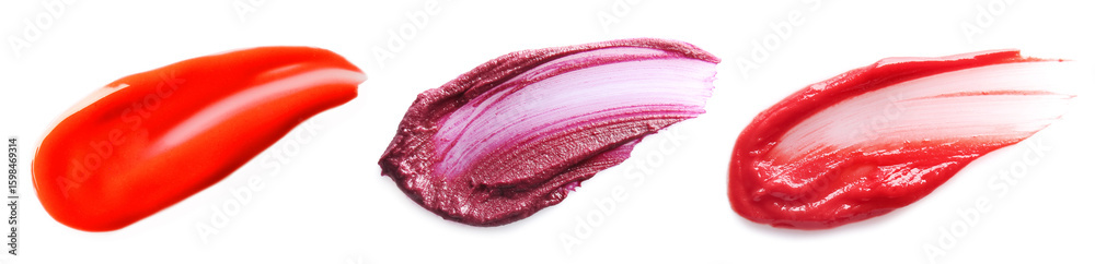Lip cosmetics in different shades on white background, set. Palette of products Lip cosmetics in different shades on white background, set. Palette of products