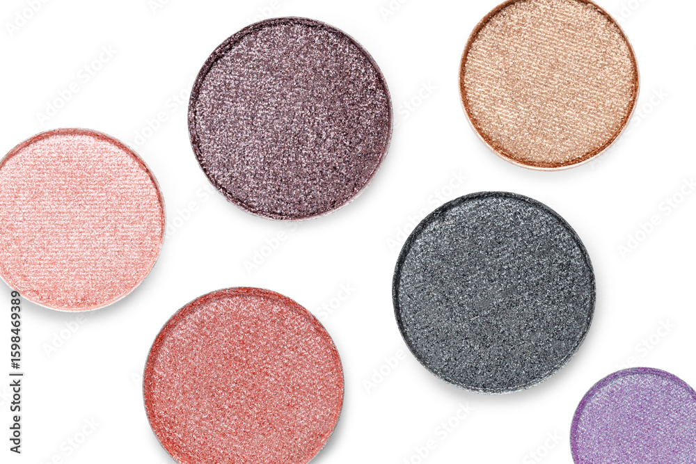 Fototapeta premium Eyeshadow in different colors on white background, set. Palette of cosmetic product