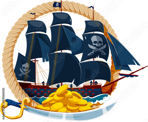 Cartoon pirate ship in rope frame with golden coins and sabre vector icon. Pirate corsair sailing ship or sailboat under black sails with jolly roger skull flags isolated round badge or sailor tattoo