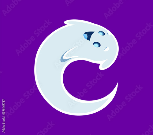 Halloween font C letter ghost cartoon happy character. Creepy ghost mascot typeset element, Halloween monster personage font or horror cute character latin alphabet vector letter. English ABC symbol