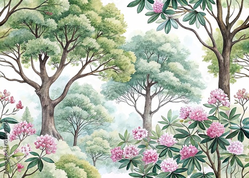 Lush Green Trees Vibrant Flowers Serenity Nature Landscape Art